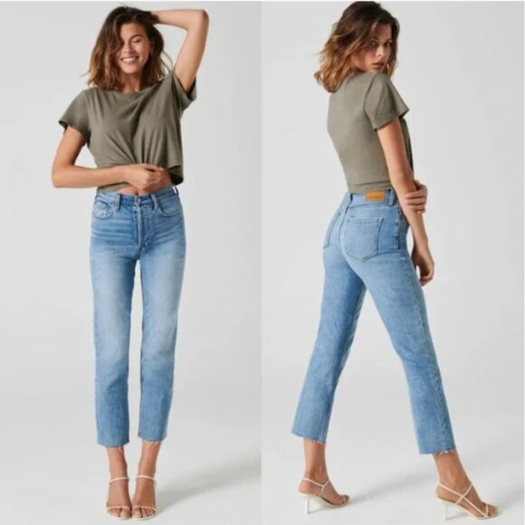 Aritzia Denim Forum Arlo High Rise Straight Jeans Raw Hem Organic Cotton Size 27 - Picture 1 of 13